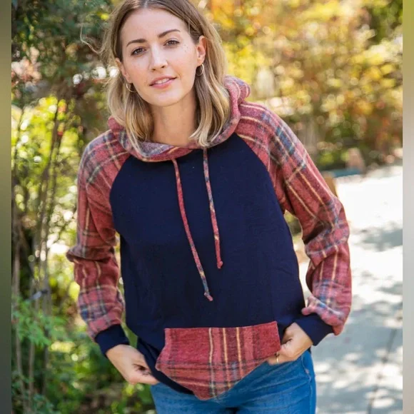 Navy Blue Cashmere Feel Fall Plaid Hooded Top, Size small - Picture 7 of 8